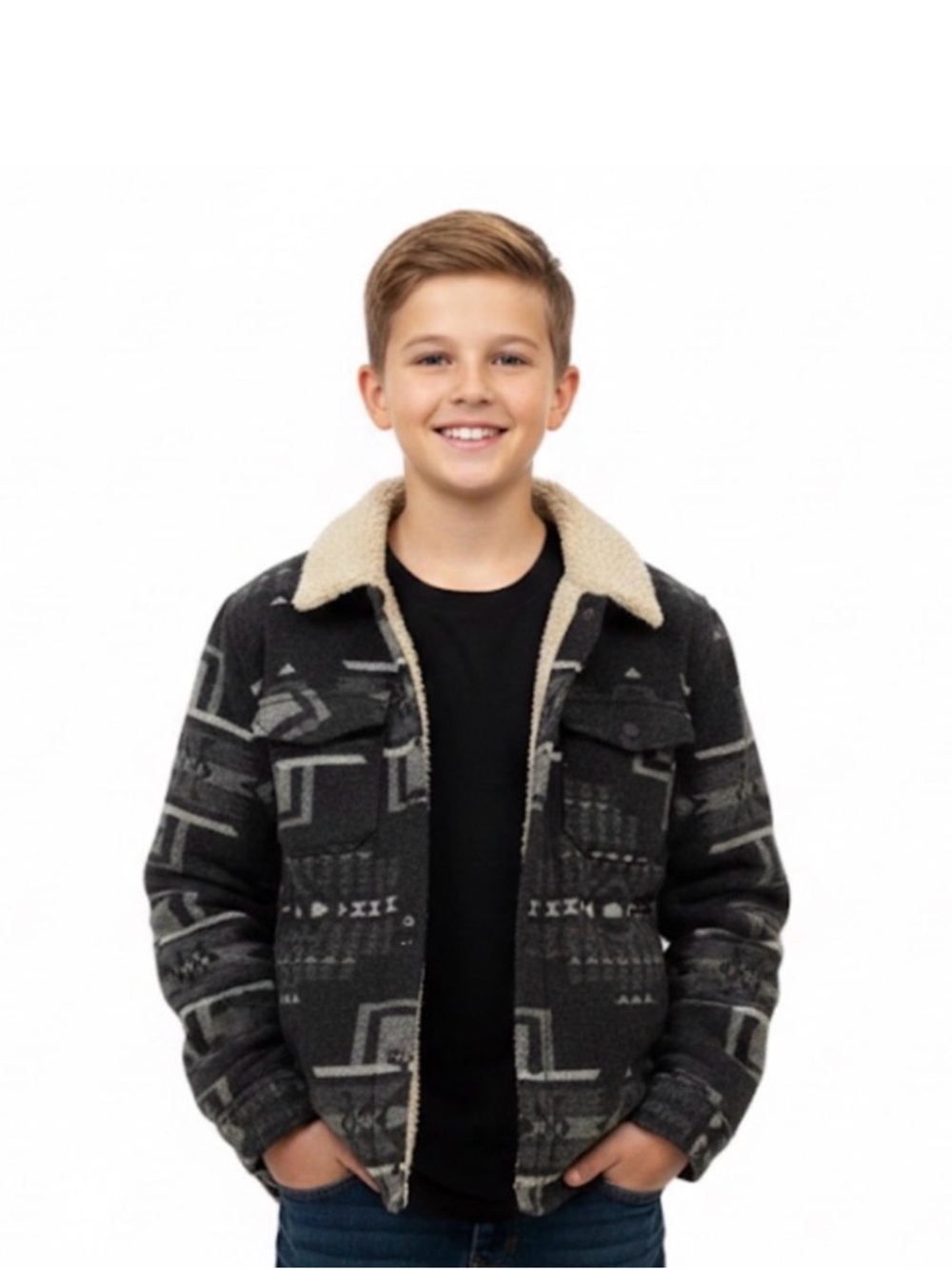 Zara Button Snap Up Shacket Jacket Youth Size Boy 11/12 Years Black Grey Sherpa